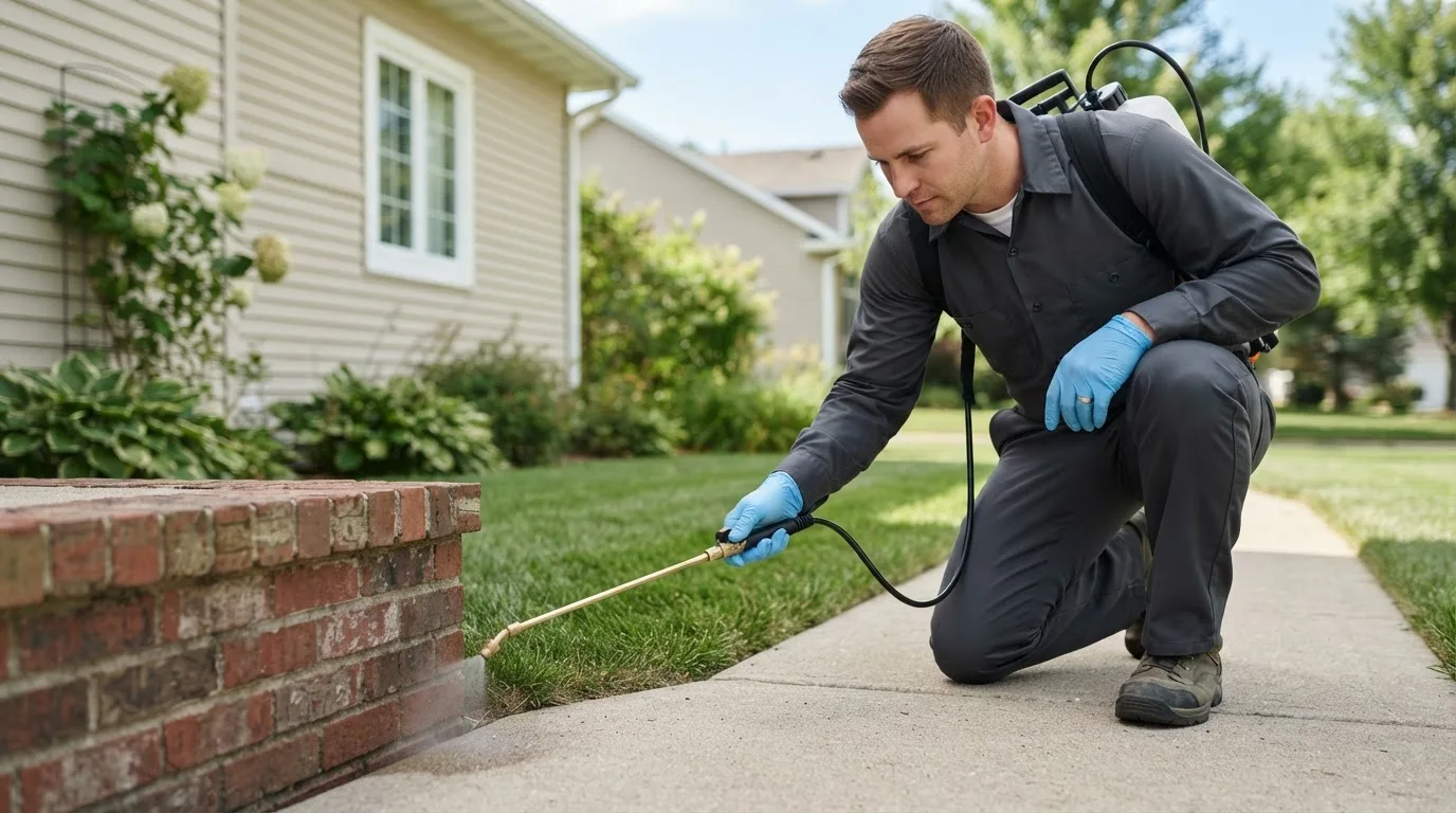 Pest control technician treating a home near Larwill, IN