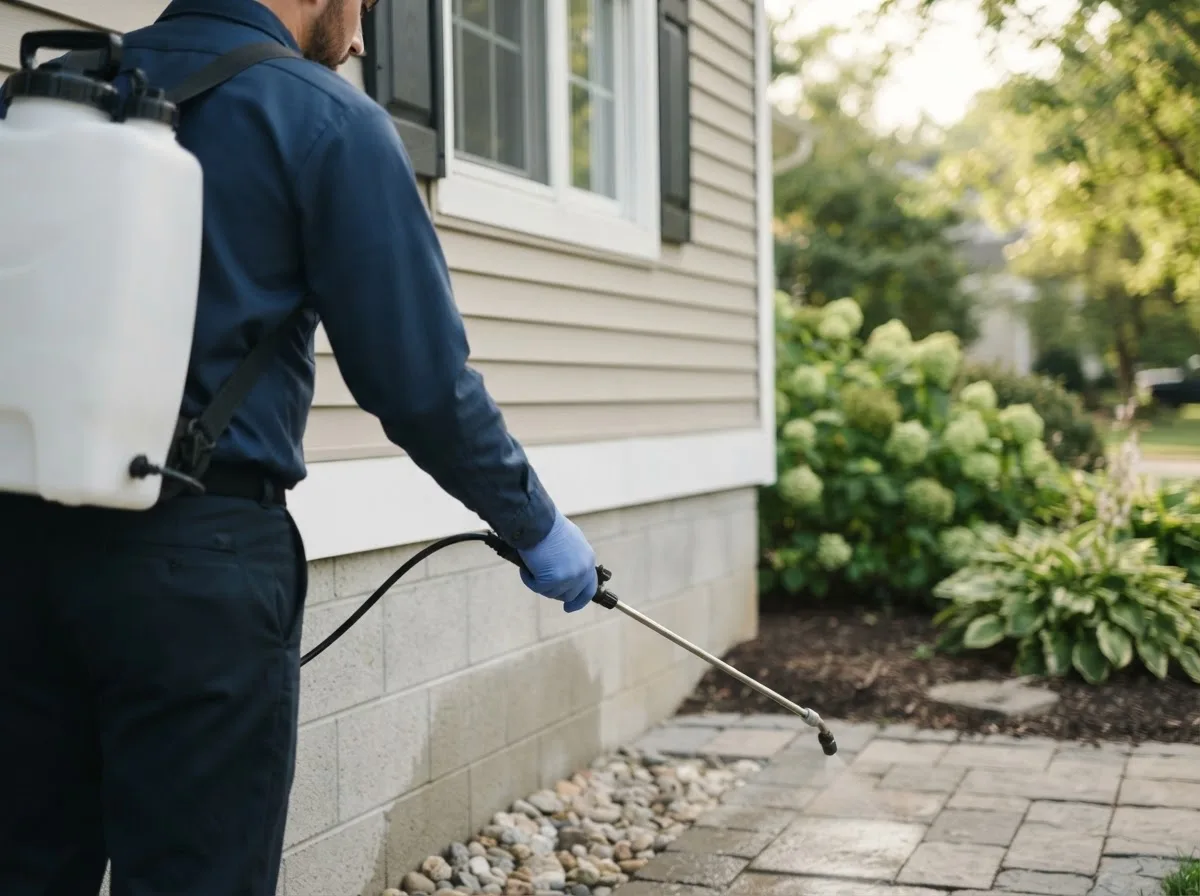 Pest control technician inspecting a home in Larwill, IN